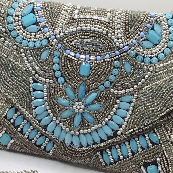 Elegant Silver and Blue Beaded Clutch by Atmosphere - Picture 8 of 10